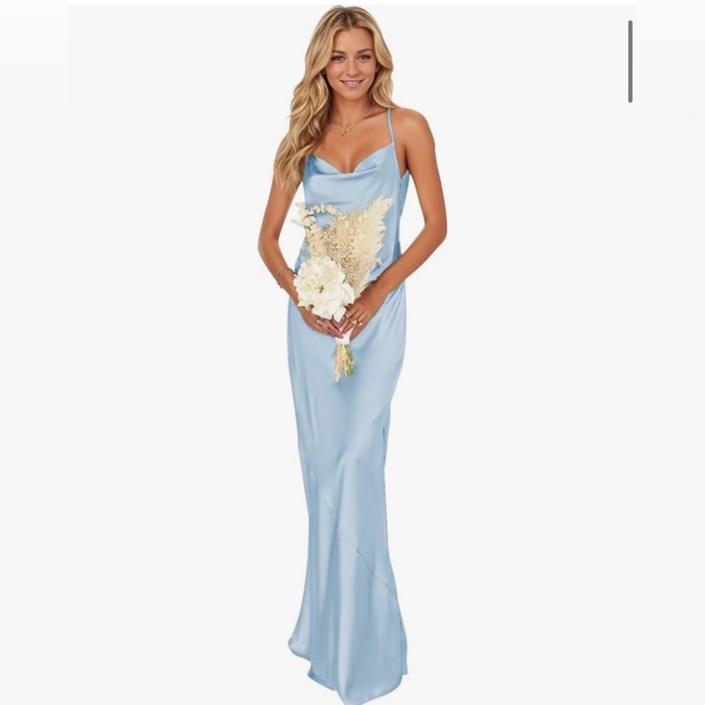 Light Blue Satin Cowl Neck Dress